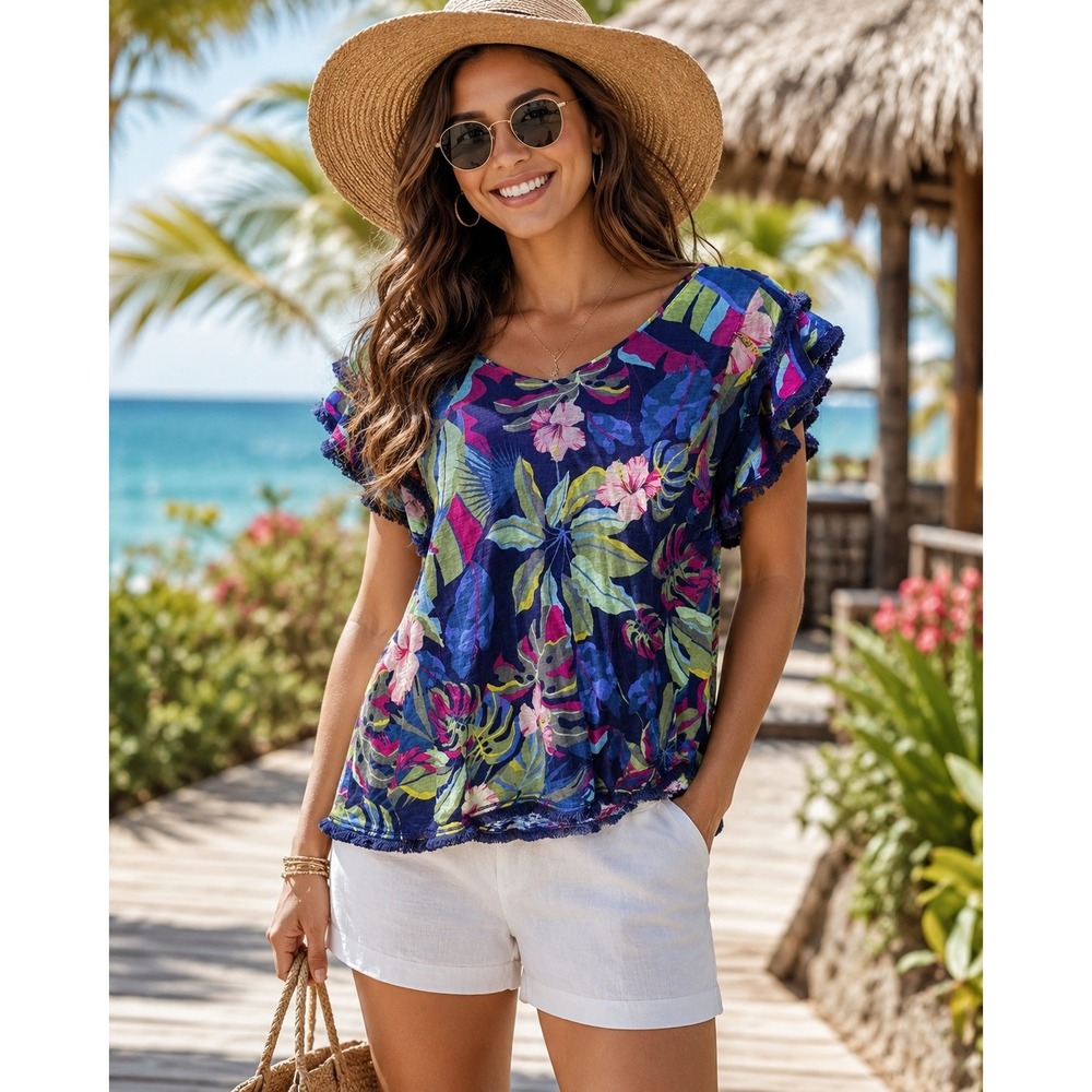 Chico's Tropical Floral Linen Top Womens 12 Navy Blue Vacation Resortwear Beach